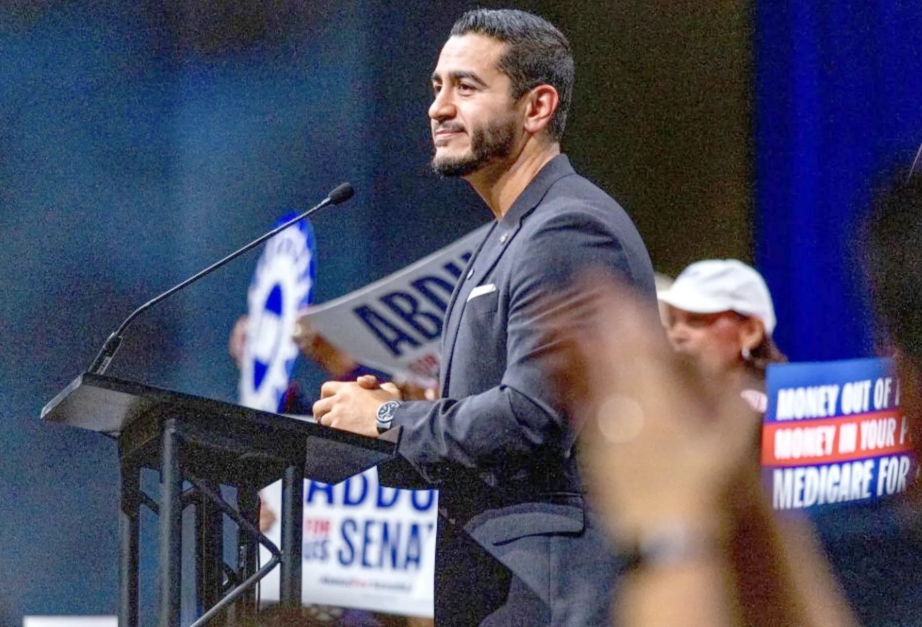 Abdul El-Sayed, US Democratic Senate candidate from Michigan, speaks during the state Democratic Party’s nominating convention on August 29, 2026 in Lansing, Michigan