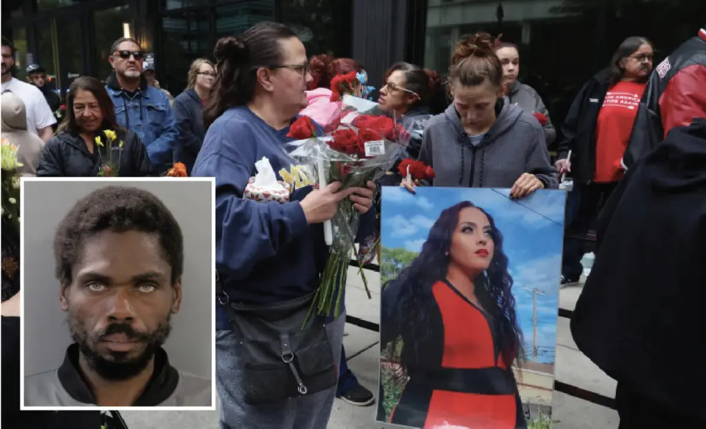Mourners gather at the site in downtown Detroit where Jaquoya Wix was killed. Inset: The accused, Devon Jason Watson.