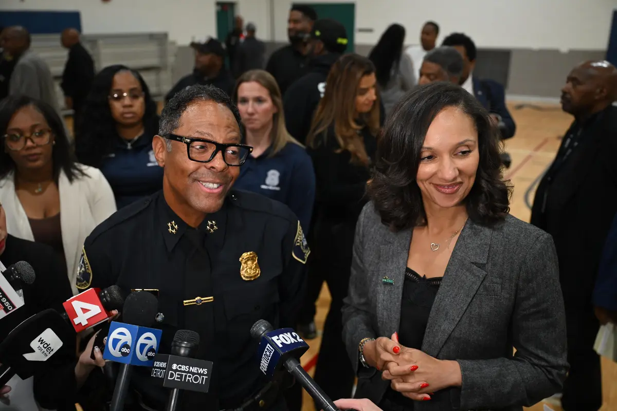 Sheffield and Bettison during Monday’s press conference at the Adams Butzel Recreation Center in northwest Detroit.