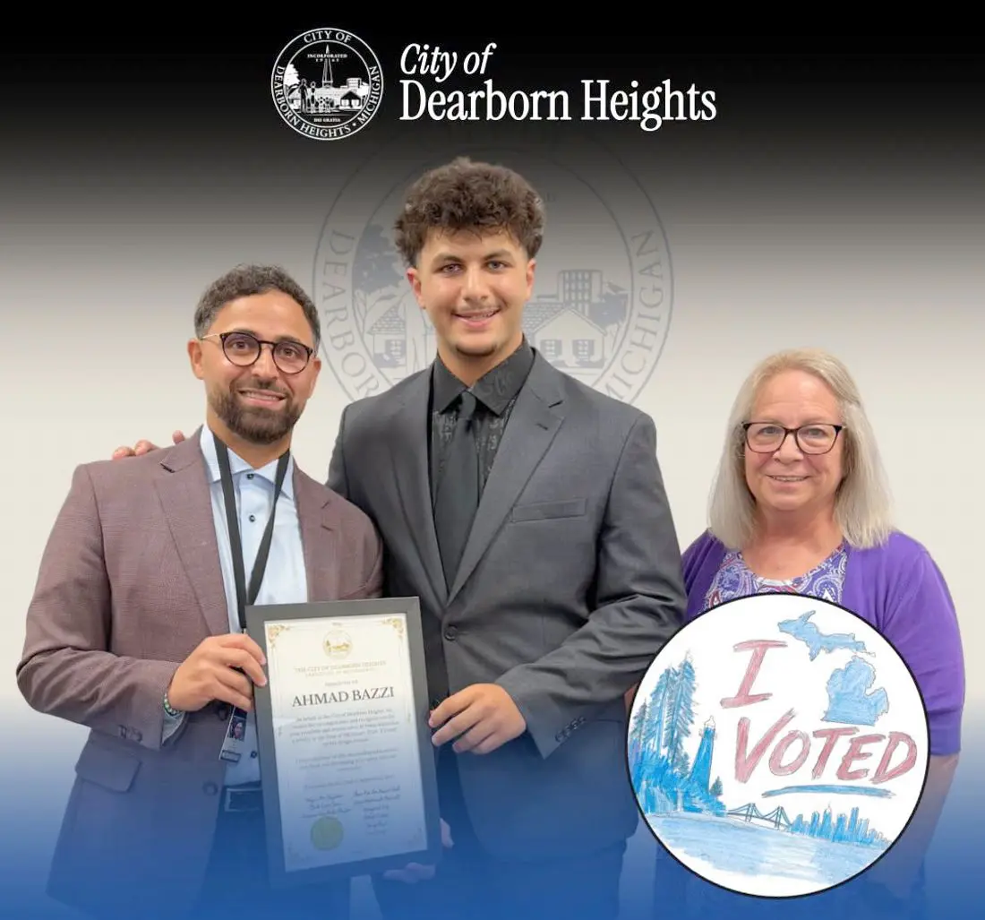 Crestwood student Ahmad Bazzi stands between Dearborn Heights Mayor Mo Baydoun and City Clerk Lynne Senia. Inset: Bazzi's winning design.