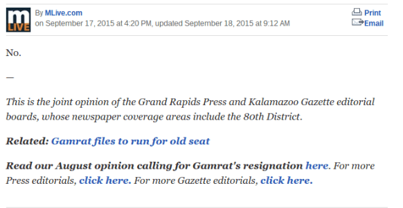 MLive newspapers publish joint editorial against expelled Rep. Gamrat’s re-election bid