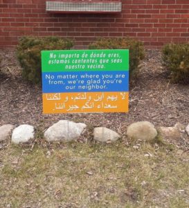 A welcome sign on a front lawn in Dearborn 