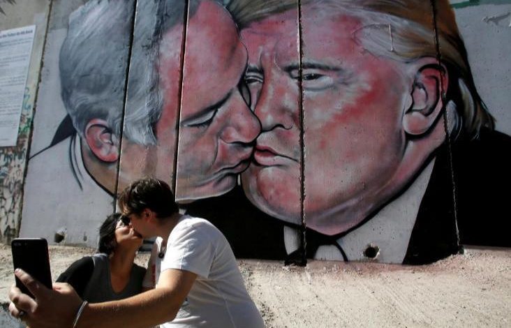 Donald Trump-Benjamin Netanyahu kiss mural unveiled on West Bank wall