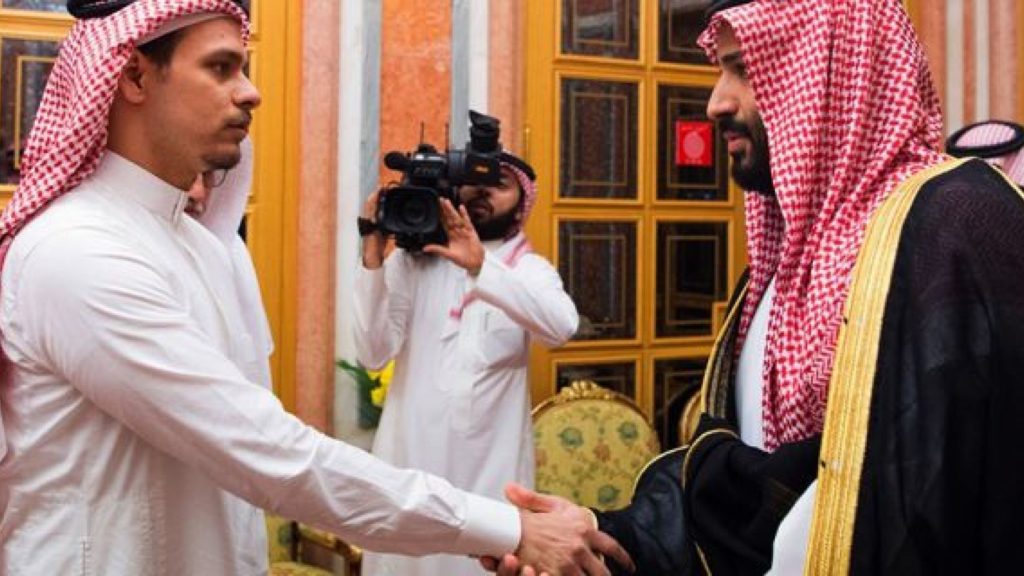 Saudi Crown Prince Mohammed bin Salman, right, shakes hands with Salah Khashoggi, a son, of Jamal Khashoggi, in Riyadh, Saudi Arabia. (AP)