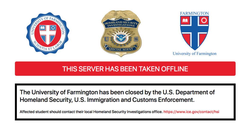The message from Homeland Security on the University of Farmington website