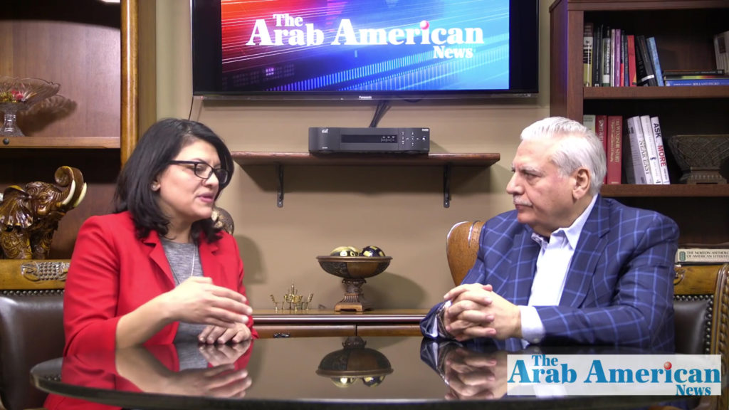 U.S. Rep. Rashida Tlaib speaking during an interview with The Arab American News