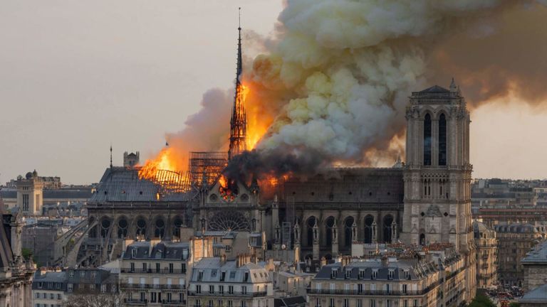 Notre Dame Cathedral in Paris, France on fire 