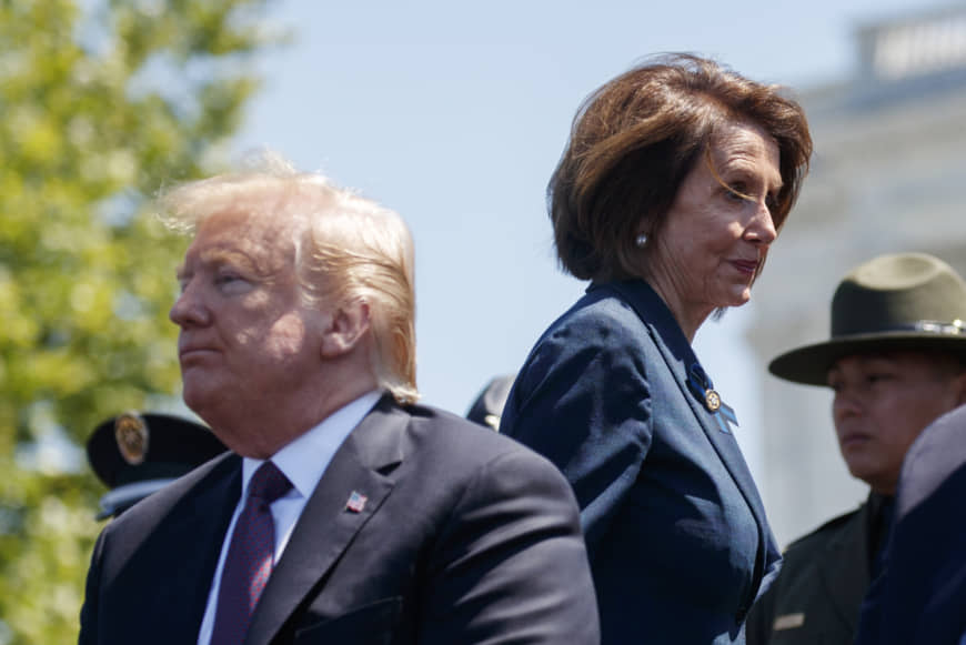 President Trump and Speaker of the House Nancy Pelosi of Calif., attend the 38th Annual National Peace Officers' Memorial Service at the U.S. Capitol, Wednesday, May 15, 2019, in Washington. Pelosi said Wednesday that the U.S. must avoid war with Iran and she warned the White House has “no business” moving toward a Middle East confrontation without approval from Congress. -AP Photo