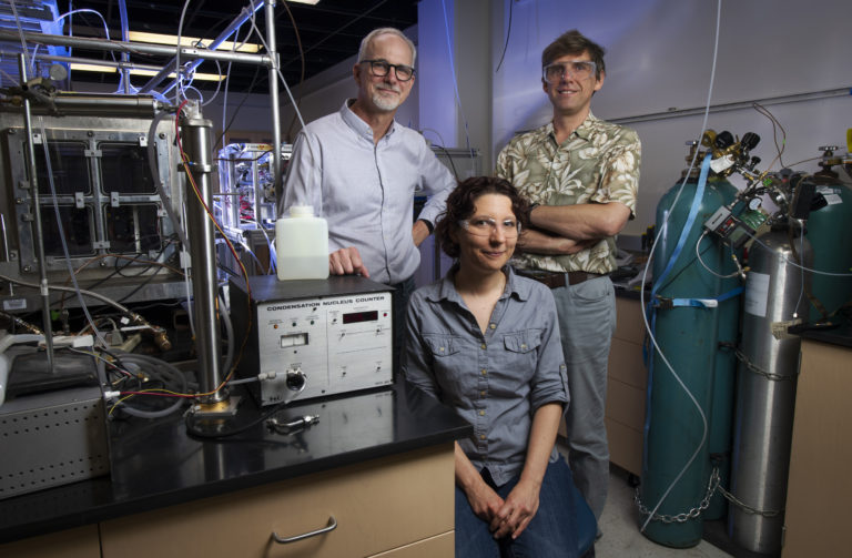 UCI researchers (from left) James Smith, professor of chemistry; Veronique Perraud, an associate project scientist in chemistry; and Sergey Nizkorodov, professor of chemistry – among others – used a custom-built apparatus to analyze emissions during a typical hookah smoking session in real time, finding that one draw from a pipe can contain as many noxious substances as smoke from an entire cigarette. Steve Zylius / UCI