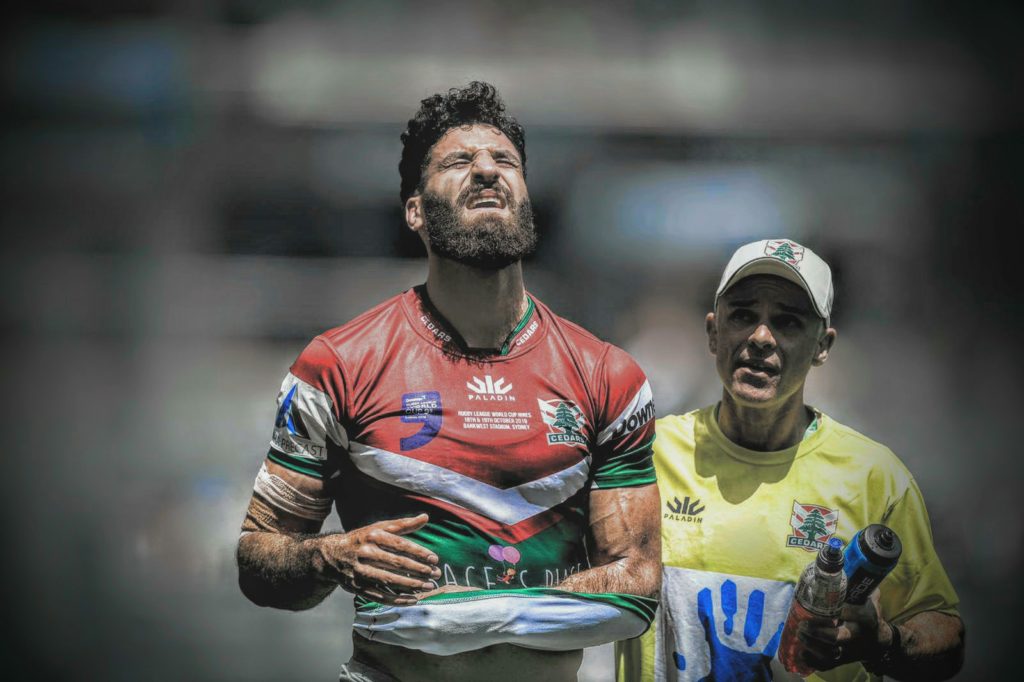 Ahmad Harajly comes off the field after an injury during the round two Rugby League World Cup 9s match between England and Lebanon at Bankwest Stadium on October 19, 2019 in Sydney, Australia. Photo: Matt Blyth/Getty Images