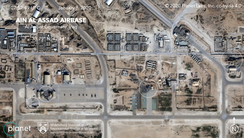  Satellite images captured by Planet Labs Inc. and analyses by the Middlebury Institute of International Studies at Monterey show the sites destroyed by Iranian missiles at Iraq’s Ain al-Assad Airbase on Jan. 7