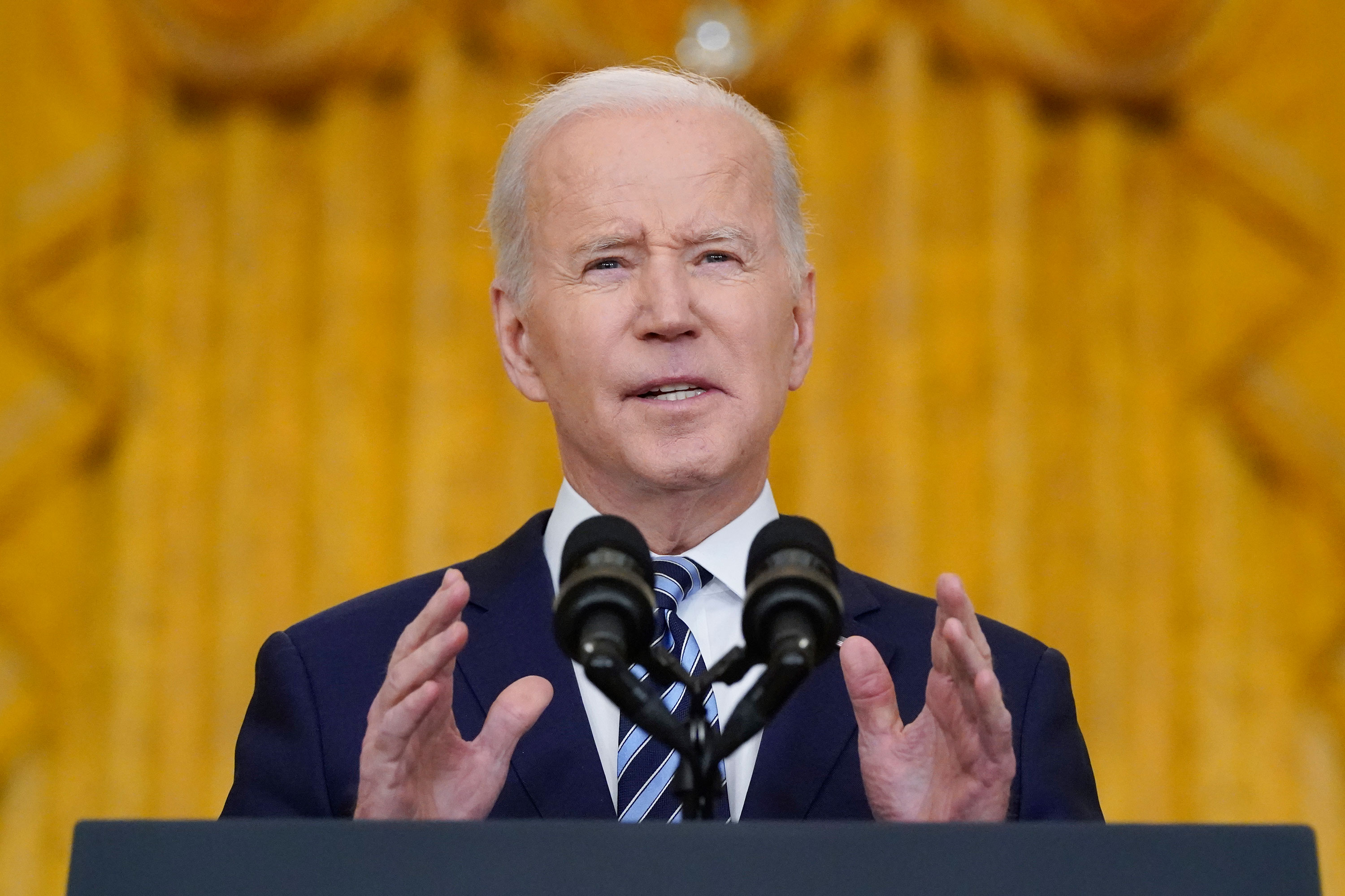President Joe Biden speaks about the Russian invasion of Ukraine in the East Room of the White House, Thursday, Feb. 24, 2022, in Washington. Photo:Alex Brandon/AP