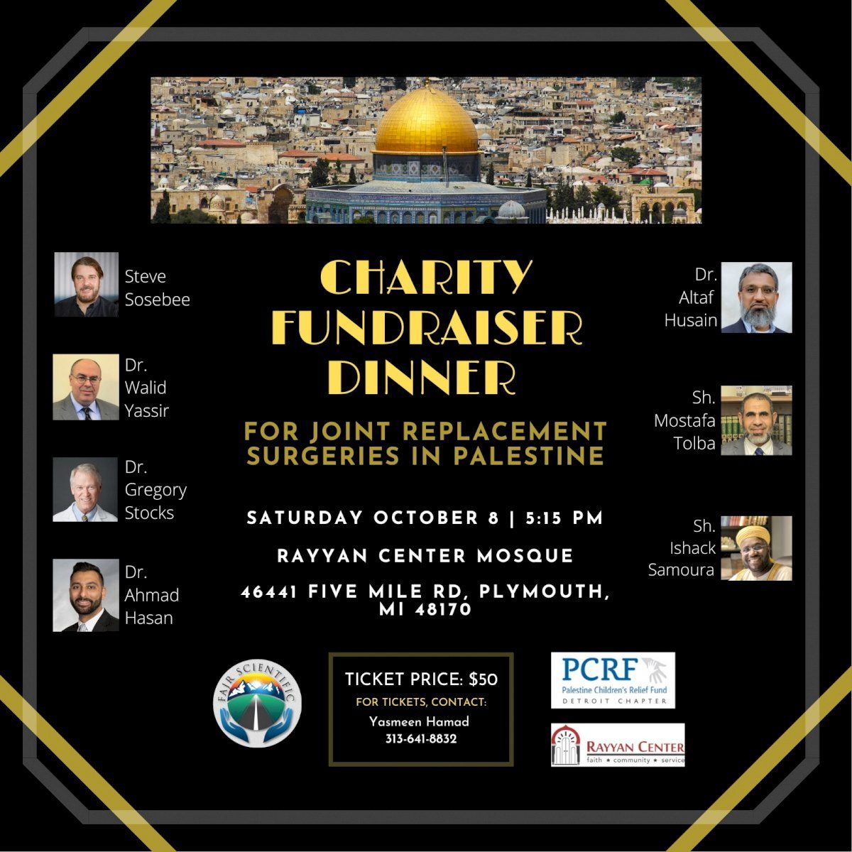 Flyer for Charity Fundraiser Dinner for Join Replacement Surgeries in Palestine, to be held at the Rayyan Center Mosque, 46441 Five Mile Road, in Plymouth, at 5:15 p.m., Oct. 8.