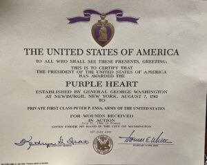 Peter Essa's Purple Heart Certificate he was awarded after being shot and wounded in World War II