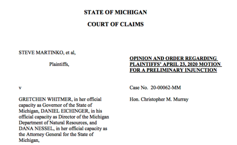 Claims court says Michigan’s “stay home” order does not violate constitution