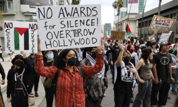 Protesters gather in Hollywood calling for permanent ceasefire outside of Academy Awards