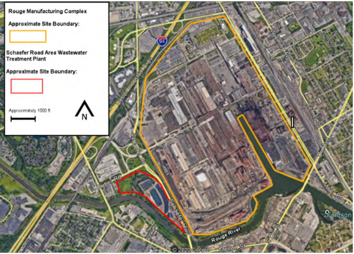 A map showing Rouge Manufacturing Complex and the Schaefer Road Area Wastewater Treatment Plant