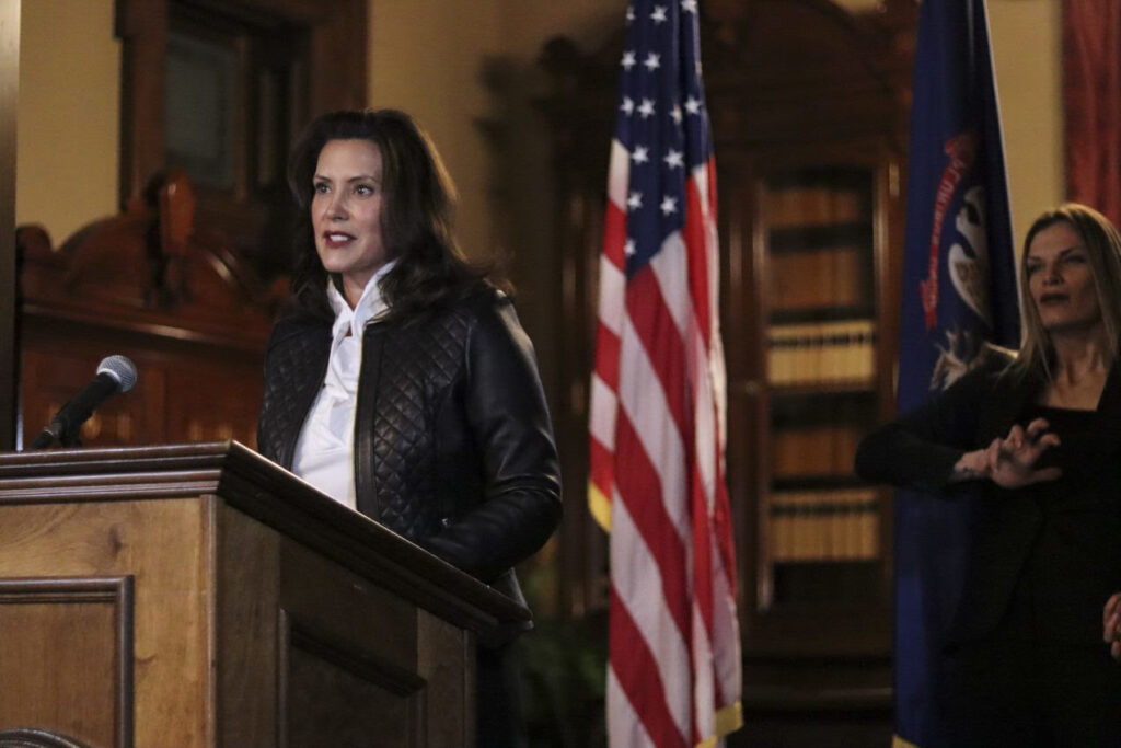 Governor Whitmer hold press conference from Lansing on Thursday, Oct. 8, after arrests and charges were announced for men that had conspired to kidnap her. Photo: Office of the Governor