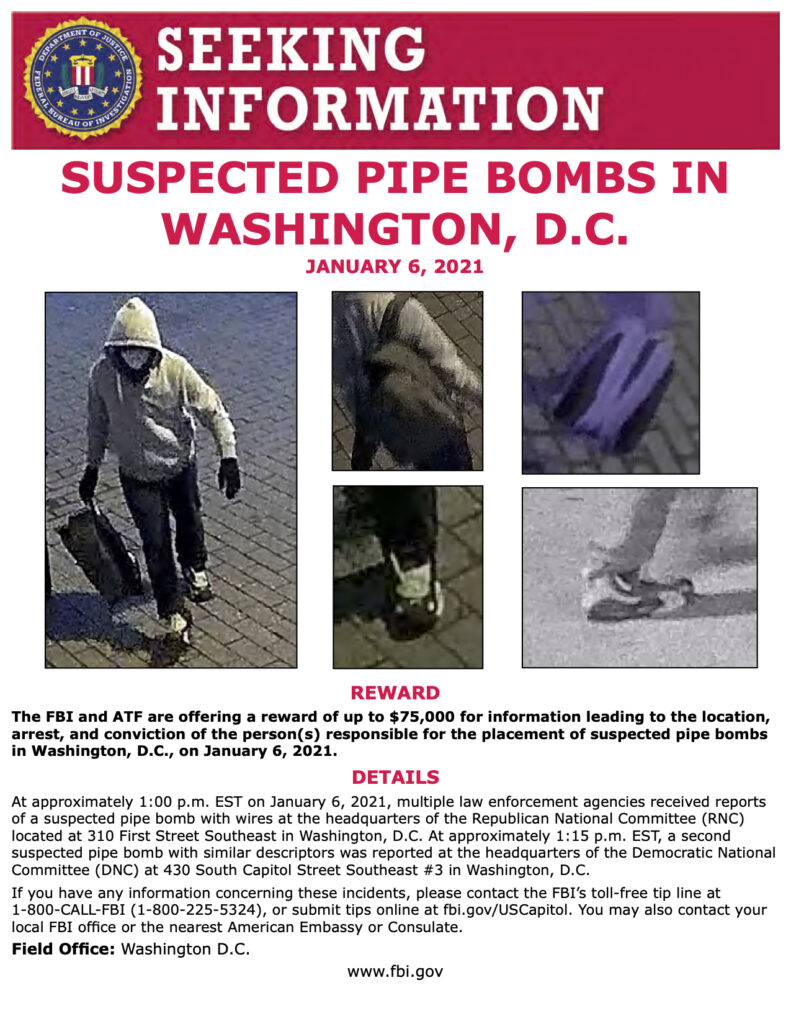 Reward information for D.C. pipe bombs suspect
