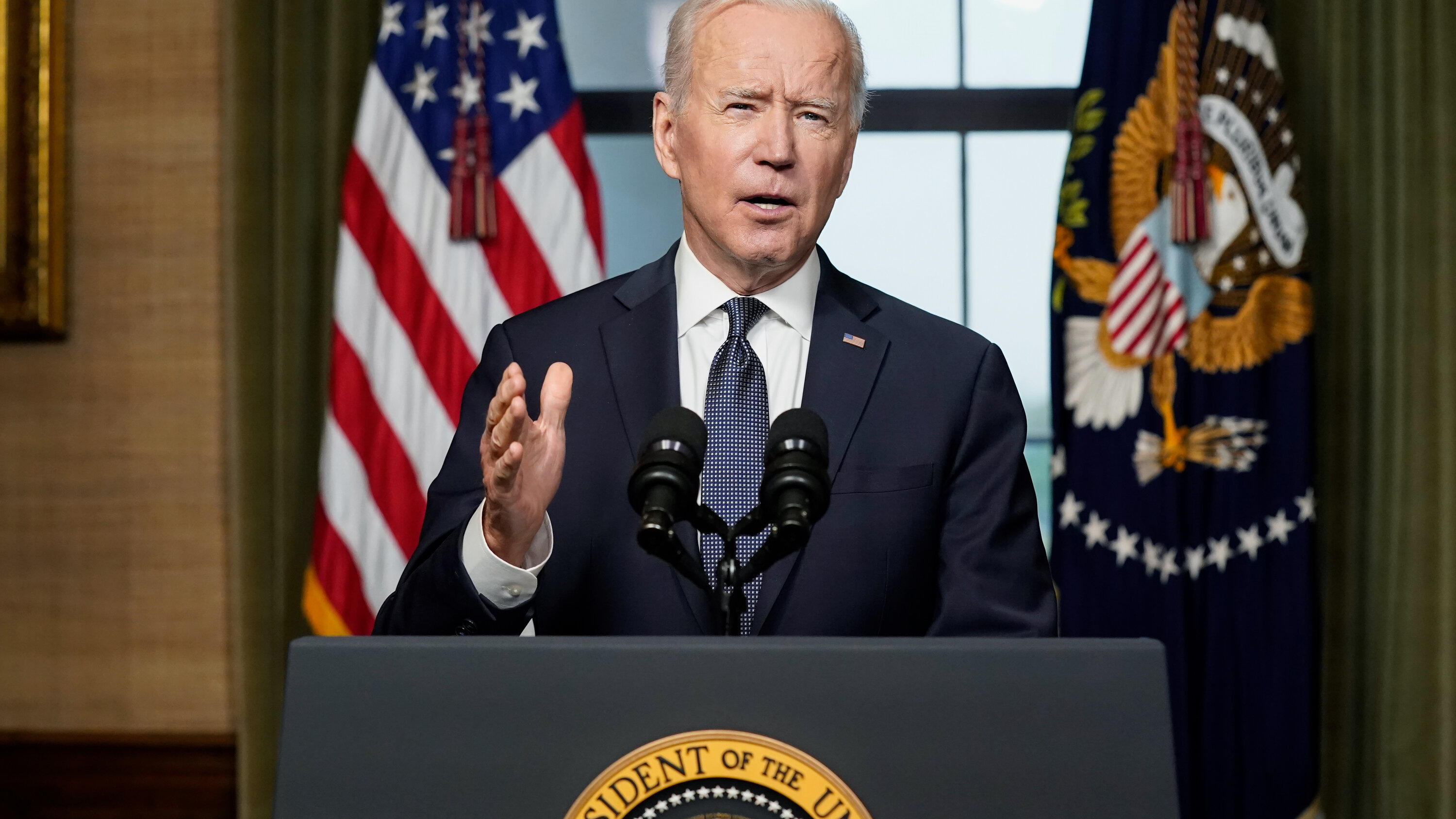 President Biden speaks from the Treaty Room in the White House, Tuesday, April 14. Photo: New York Times