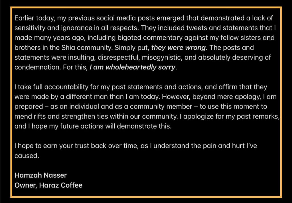 A statement by Haraz Coffee owner Hamzah Nasser apologizing for past social media comments. Image via Facebook