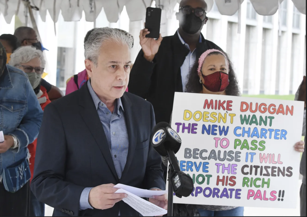 Hayg Oshagan, Wayne State University professor and director of New Michigan Media, speaks at a press conference held by the Detroit Charter Revision Commission in front of Coleman A. Young Municipal Center in Detroit on Wednesday April 28. - Photo courtesy of Detroit News