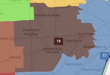 Arab American enclaves of Dearborn and Dearborn Heights concentrated in one state Senate district. Photo: Screenshot/City Gate GIS