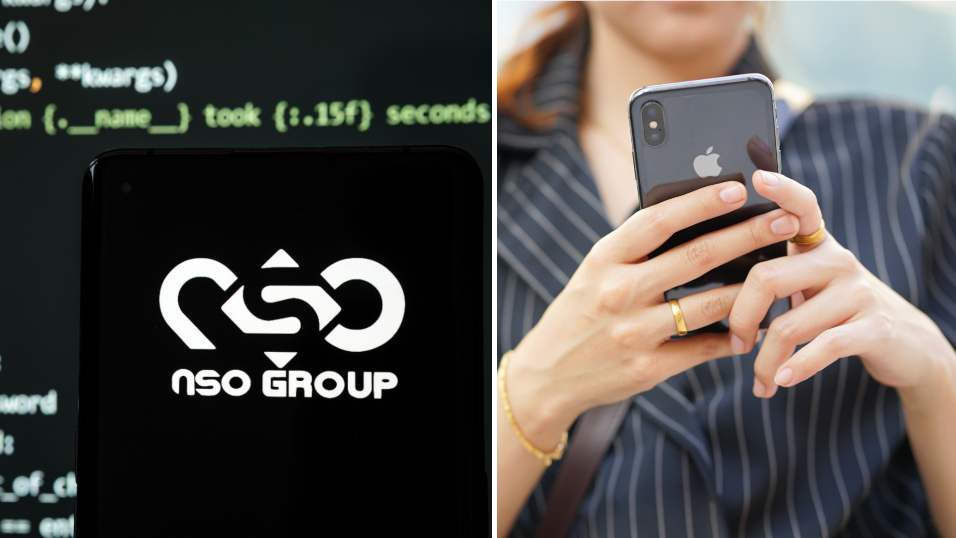 Images of the NSO Group and a woman using an iPhone