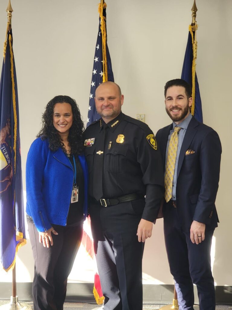 Dearborn Police Chief Issa Shahin with his whife Diana Ramouni Shahin and Mayor Abdullah Hammoud during his swearing in ceremony. – Photo courtesy of Dearborn Police