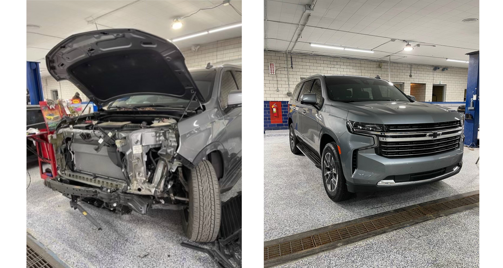 Before and after pictures of an extensive front end repair job at Metrotech. Photo courtesy: Metrotech Automotive Group