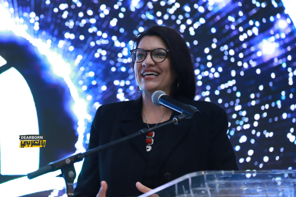 U.S. Rep. Rashida Tlaib (D-Detroit) speaks at the Islamic Institute of America (IIOFA) fundraising dinner at Bint Jbeil Cultural Center on Sunday, March 13. Photo courtesy: Dearborn.org