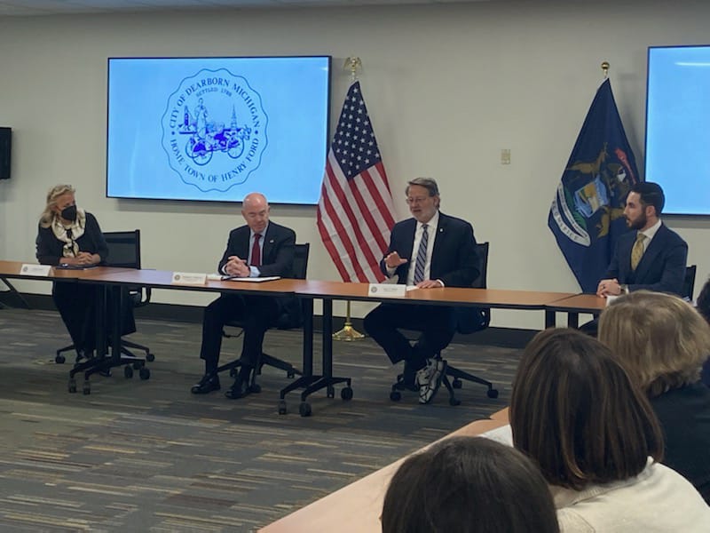 Michigan Senator Gary Peters hosts a discussion between Arab American and Muslim leaders, local officials and DHS Secretary Alejandro Mayorkas at the Dearborn Administrative Center on Friday, March 18. File photo