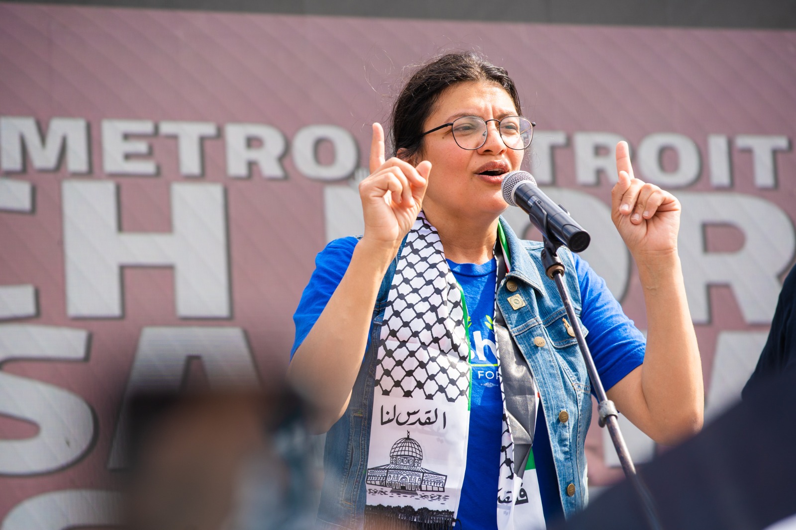 U.S. Rep. Rashida Tlaib (D-Detroit) speaks at the Second Annual Metro Detroit March for Jerusalem Palestine rally, commemorating 74 years of Nakba, in Dearborn, May 15. Photo: Imad Mohamad/The Arab American News 