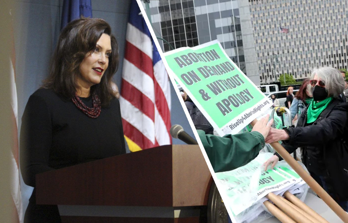 Photos of Governor Whitmer and an abortion rights rally