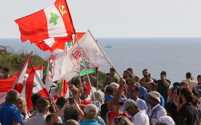 Lebanese protesters take part in a demonstration at the Lebanese southernmost border area of Naqura, on June 11, days after Israel moved a gas production vessel into an offshore field, a part of which is claimed by Lebanon. Photo: Mahmoud Zayyat/AFP