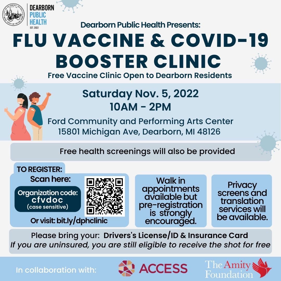 Flyer for Dearborn Department of Public Health (DPH)'s free flu shot and COVID booster clinic