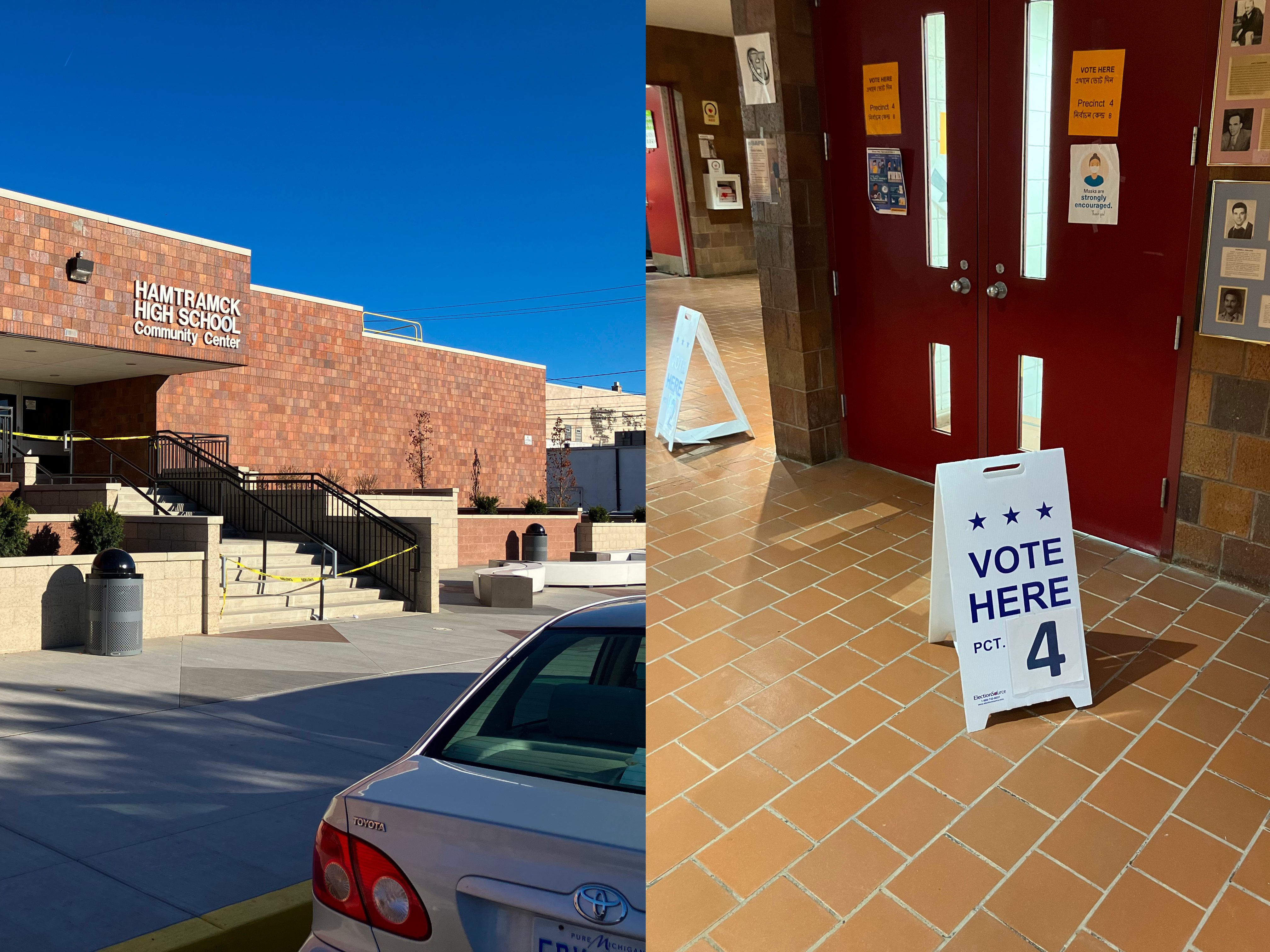 Side by side photos of the Hamtramck High School Community Center entrance and a precinct sign inside