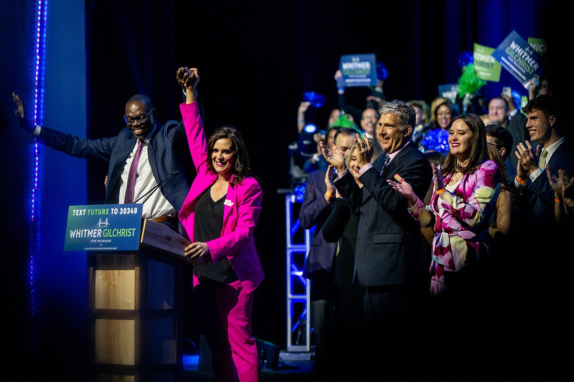 Michigan Governor Whitmer and Lt. Governor Garlin Ghilcrist celebrate a general election victory as Whitmer's family looks on, at the Motor City Casino Sound Board in Detroit on Tuesday, Nov. 8. Wire photo
