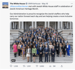 .@SecondGentleman met with Jewish White House staff in celebration of Jewish American Heritage Month. Our Administration is proud to recognize the Jewish staffers who help carry our nation forward each day and are helping create a more inclusive tomorrow. 