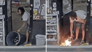 A Detroit man is shown dumping the contents of a trash bin inside a gas station convenience store then setting the refuse ablaze with a blowtorch before fleeing. - Photo courtesy of Detroit Police Department