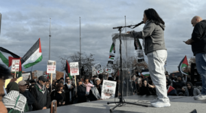 City Council member Gabriela Santiago-Romero calls for a ceasefire during a massive rally at Hart Plaza on Oct. 31. Photo: Photo courtesy of Samuel Robinson, appeared first at Axios