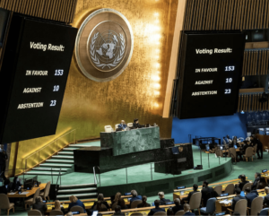 A screen shows the voting results during the meeting of the United Nations General Assembly on ceasefire resolution, amid the ongoing conflict between Israel and the Palestinian Islamist group Hamas, in New York City, U.S., December 12. - Photo by Reuters