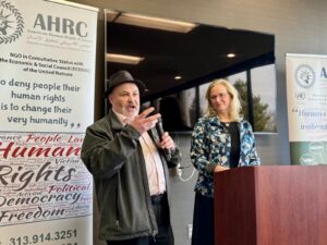 American Human Rights Council (AHRC-USA) Executive Director Imad Hamad speaks at the community leadership meeting and next to him is Antonia Marie De Meo.– Photo courtesy of the AHRC