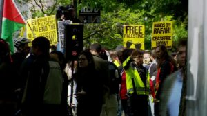 Protesters are seen at George Washington University in Washington, DC, on Thursday. – Photo by WJLA