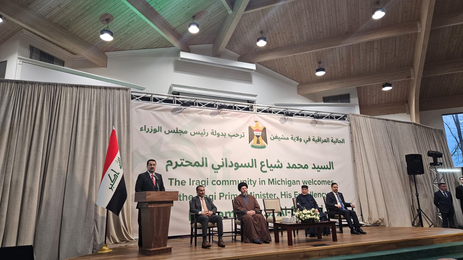 Iraqi prime minister al-Sudani speaks at the Islamic Institute of America mosque in Dearborn Heights on Thursday, April 18. – Photo by The Arab American News