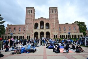 Pro-Palestinian students and activsts gather on the plaza in front of Royce Hall at the University of California Los Angeles on April 25. – Photo by AFP
