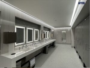 A restroom photo provided by DTW after the upgrade upgrades to 67 restrooms in the Edward H. McNamara Terminal.