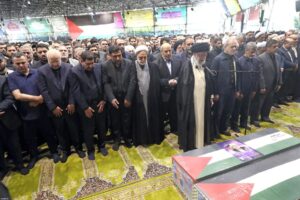 Iran Supreme Leader Sayyed Ali Khamenei leads prayers at Haniyeh’s funeral – Photo by Anadolu