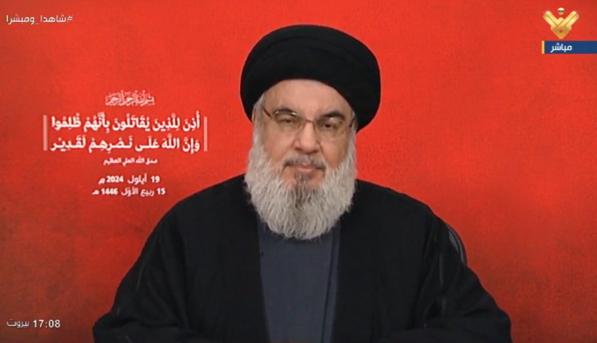 Hezbollah leader Hassan Nasrallah gives a televised address on September 19, following a wave of explosions in the terror group's communications devices that was blamed on Israel. – Screengrab