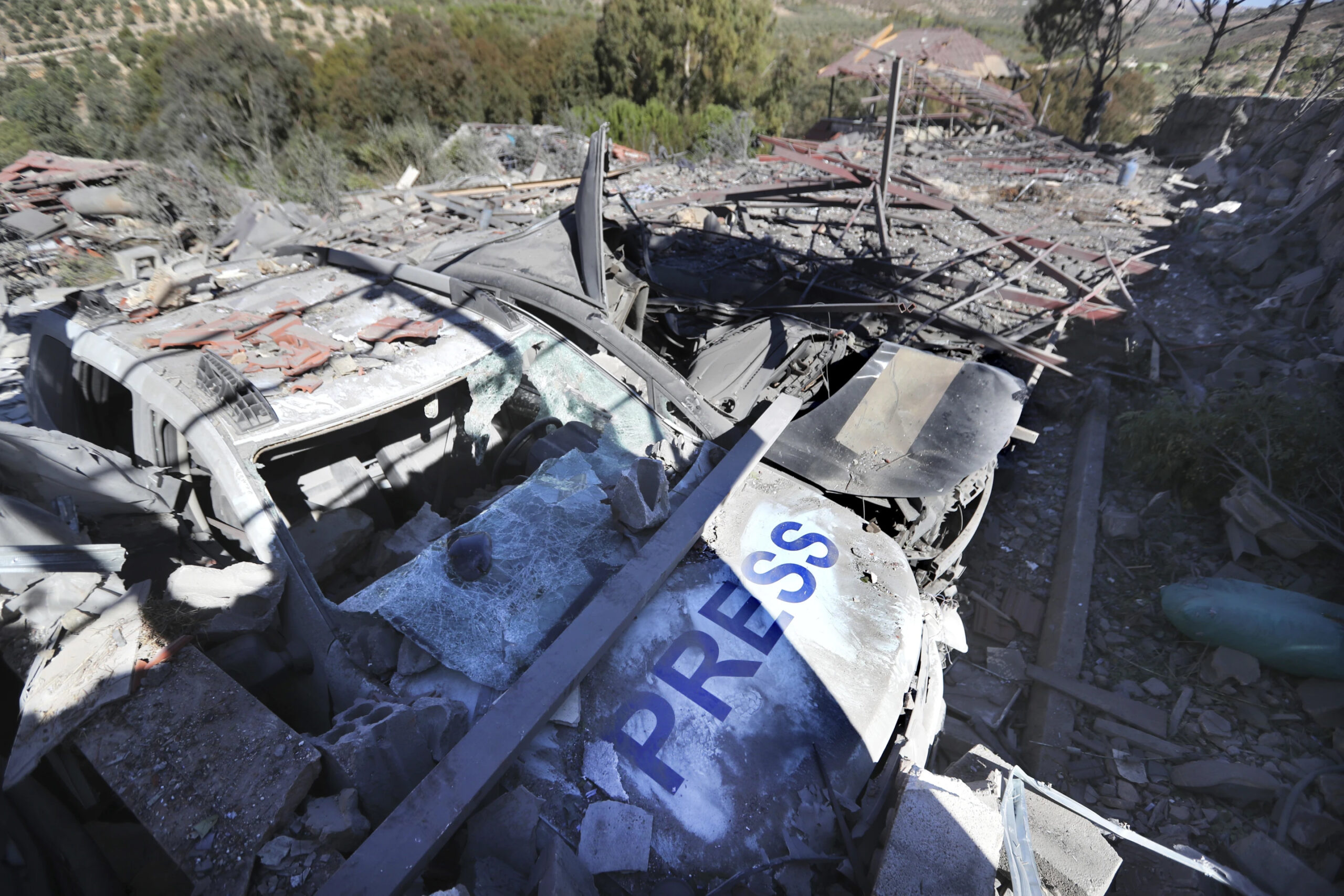 A view shows a destroyed Press vehicle at the site of an Israeli strike that killed three media staff staying at a guesthouse where several other reporters were staying, Lebanese media said, in Hasbaya, Lebanon October 25. – AP photo